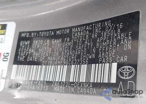 2016 Toyota Corolla Le from USA, damaged, VIN 2T1BURHE9GC637356